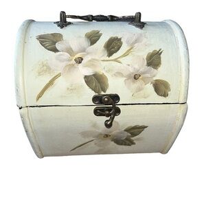 Vintage Floral White and  Brass Trim Treasure Chest Trinket Box Decor